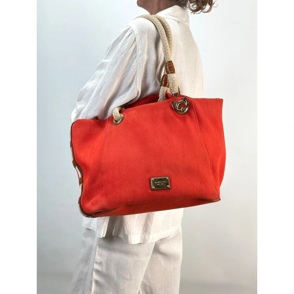 Michael Kors Marina Orange Canvas Rope Handle Tote Nautical Gold Hardware